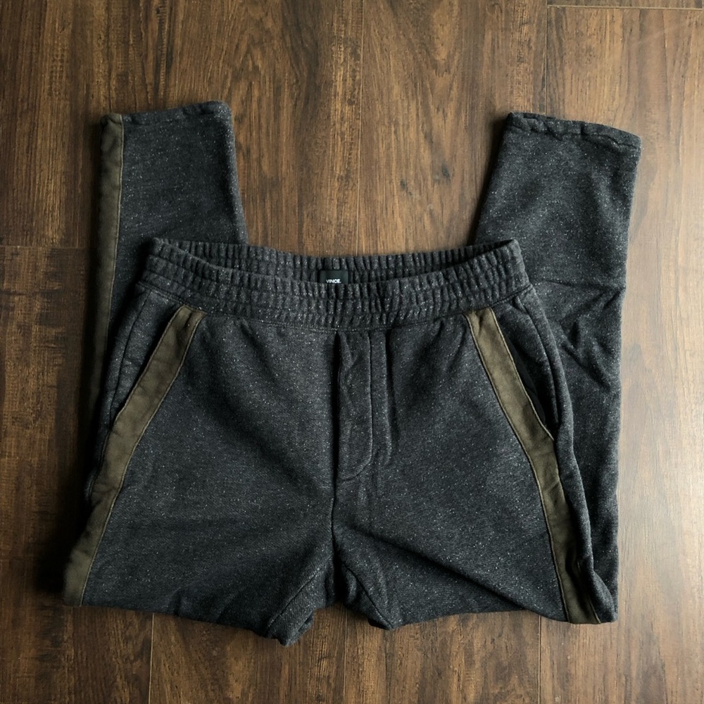 Vince Men’s Charcoal Heather Jogger Shorts with Olive Side Trim
